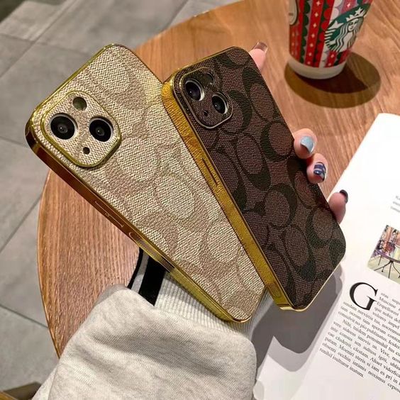 Designer Compatible with iPhone 14 Pro Max Case Luxury 6.7 inch, Leather Back Edge with Plate Gold Rim Classic Pattern Bling Glitter Nameplate Camera Protection Cover, Shockproof Protective, Khaki
