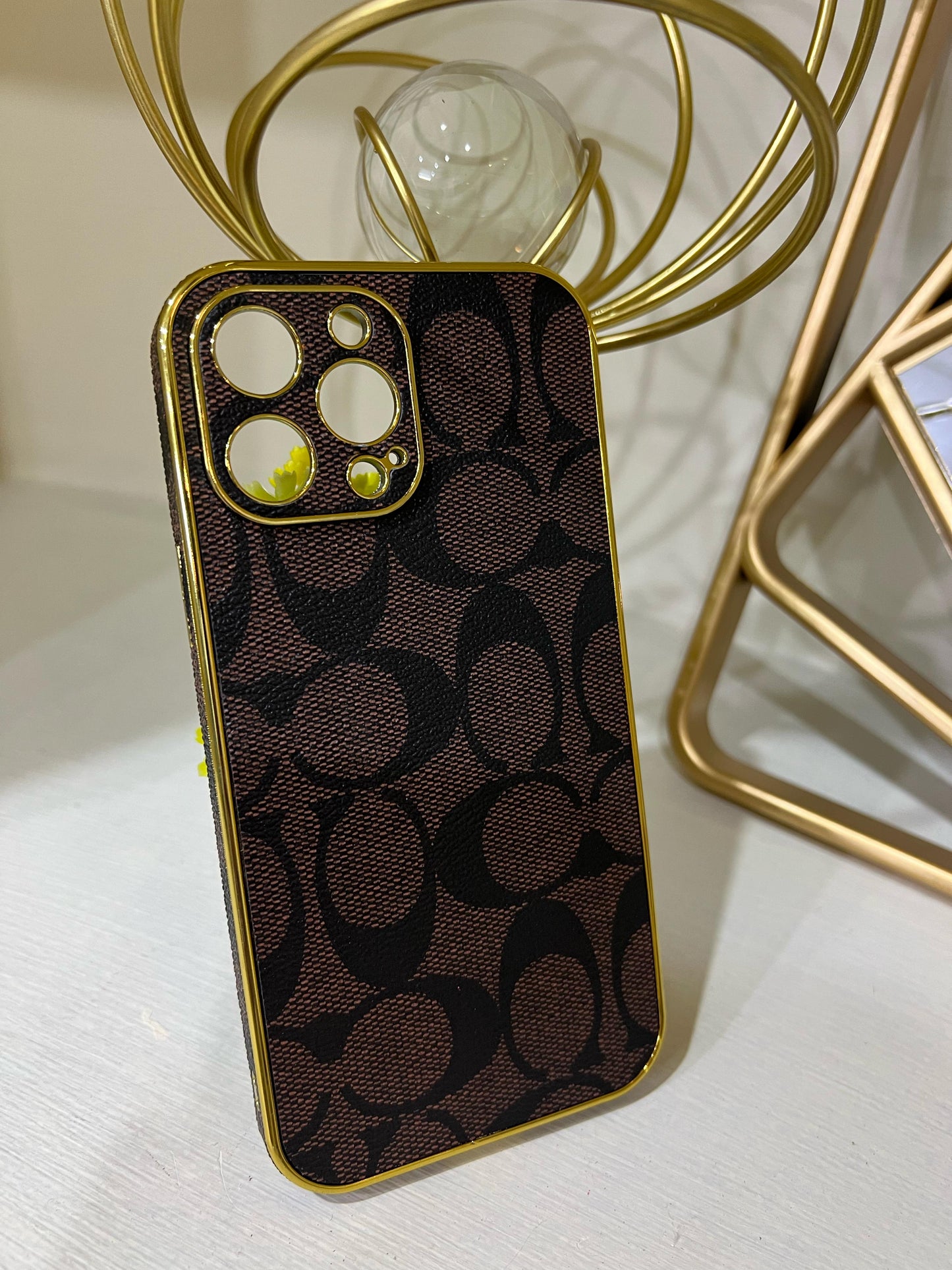 Designer Case for iPhone 11,12,13.14 Pro Max 6.7 inch, Luxury Brand Gold Plate Rim Classic Pattern Leather Back Bling Golden Metal Nameplate, Camera Protection Cover, Non Slip Shockproof Protective, Black