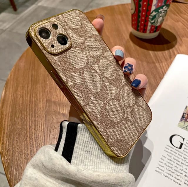 Designer Compatible with iPhone 14 Pro Max Case Luxury 6.7 inch, Leather Back Edge with Plate Gold Rim Classic Pattern Bling Glitter Nameplate Camera Protection Cover, Shockproof Protective, Khaki