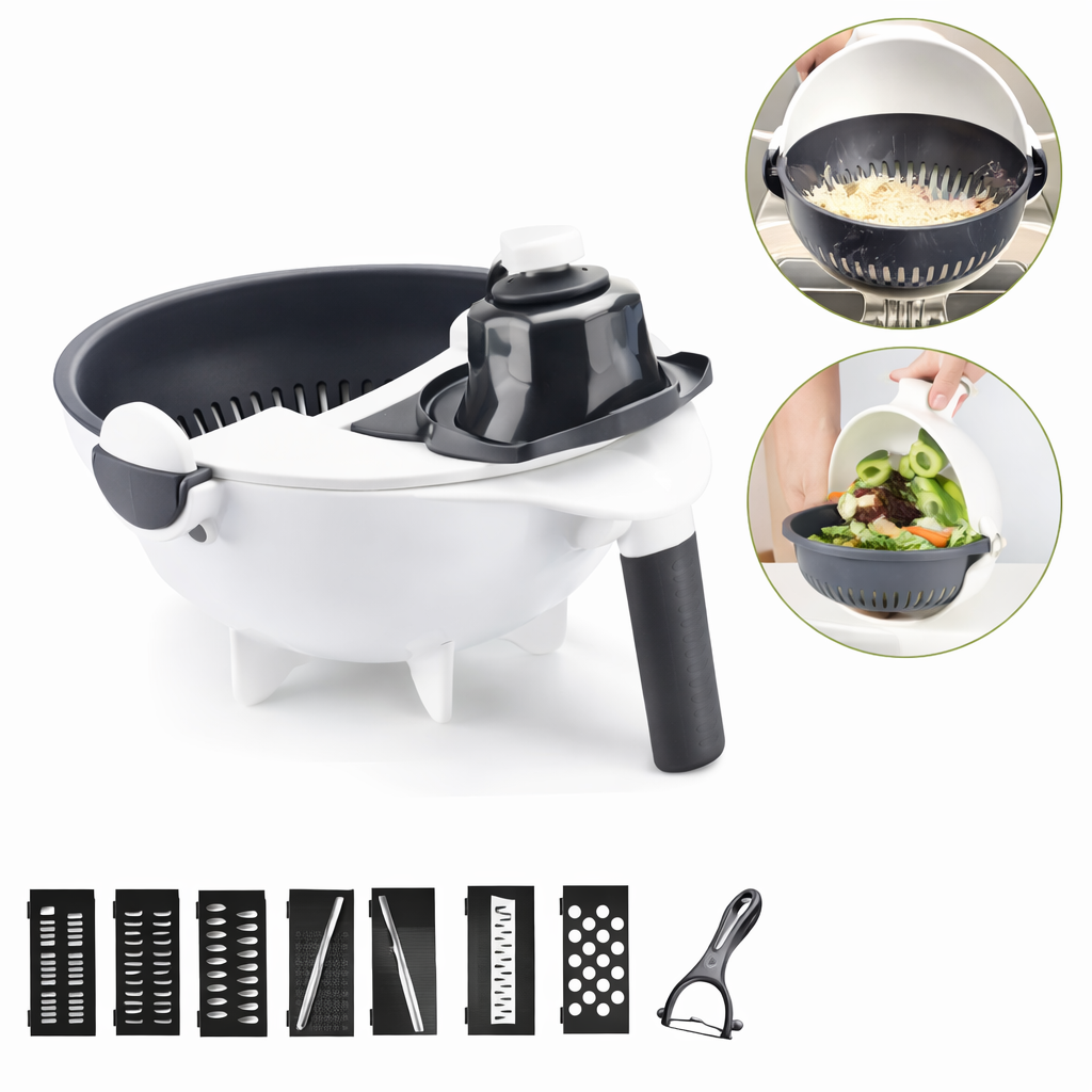 Hand held spiralizer 9-1-Multi-Functional Vegetable Cutter & Grater Bowl with 7 Interchangeable Blades – Kitchen Slicer Set