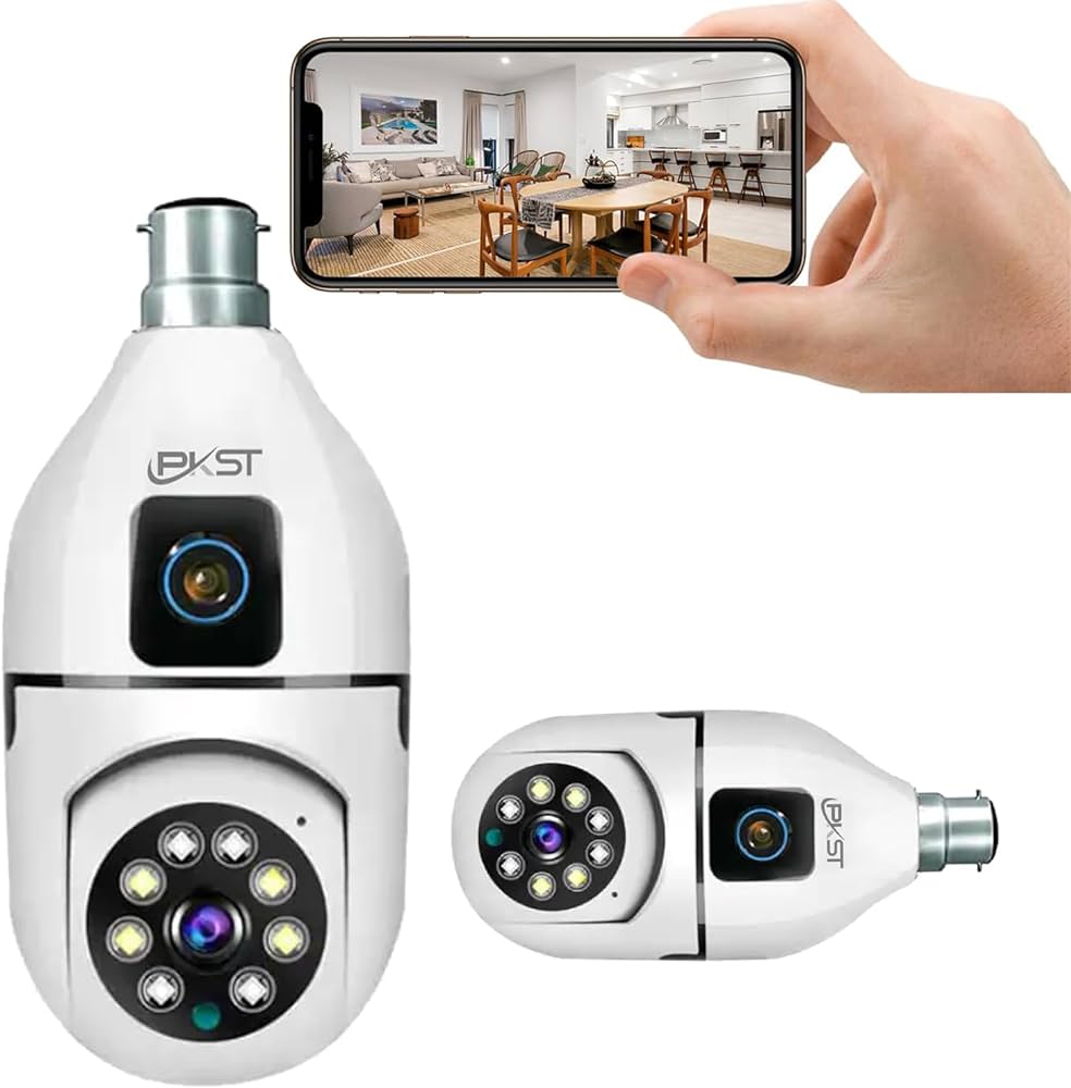 Dual Lens Dual Screen Bulb WiFi Wireless 2MP+2MP= 4MP HD 1080P Live View PTZ Control, Two Way Talk,Day & Night Color Vision, AI Human Detection Indoor Camera