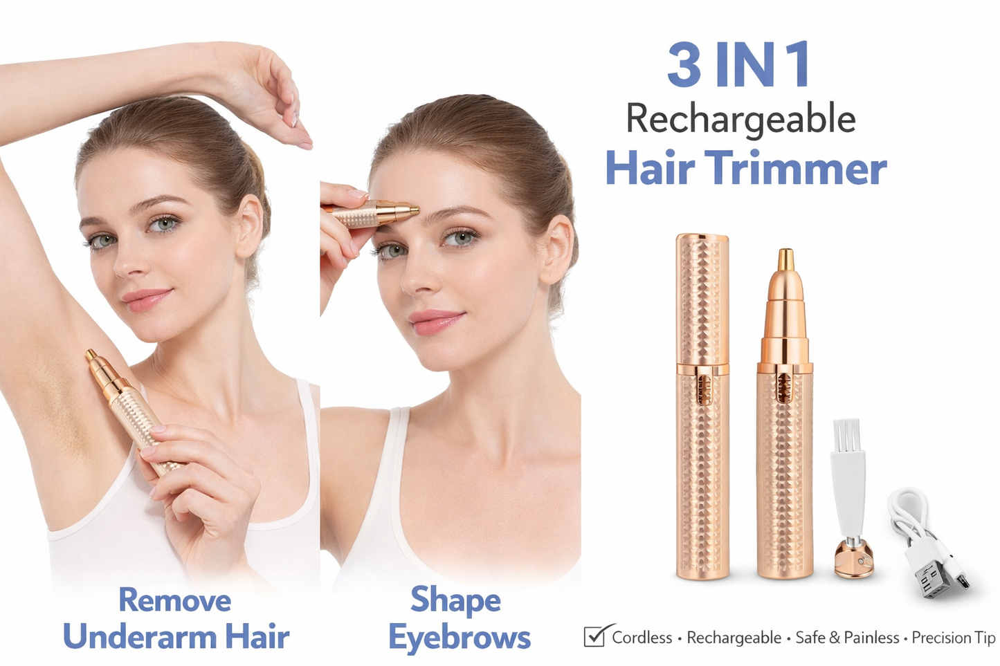 3-in-1 Rechargeable Eyebrow Shaper & Facial Hair Trimmer – USB Beauty Grooming Tool for Eyebrow, Nose & Body Hair
