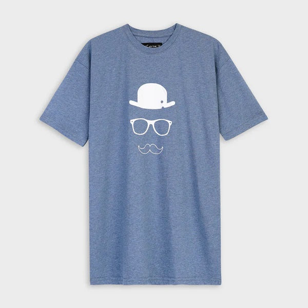 Mustache Printed Blue Relaxed Fit Drop Shoulder T-Shirt