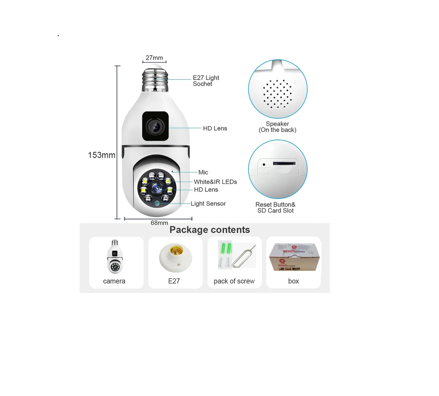 Dual Lens Dual Screen Bulb WiFi Wireless 2MP+2MP= 4MP HD 1080P Live View PTZ Control, Two Way Talk,Day & Night Color Vision, AI Human Detection Indoor Camera