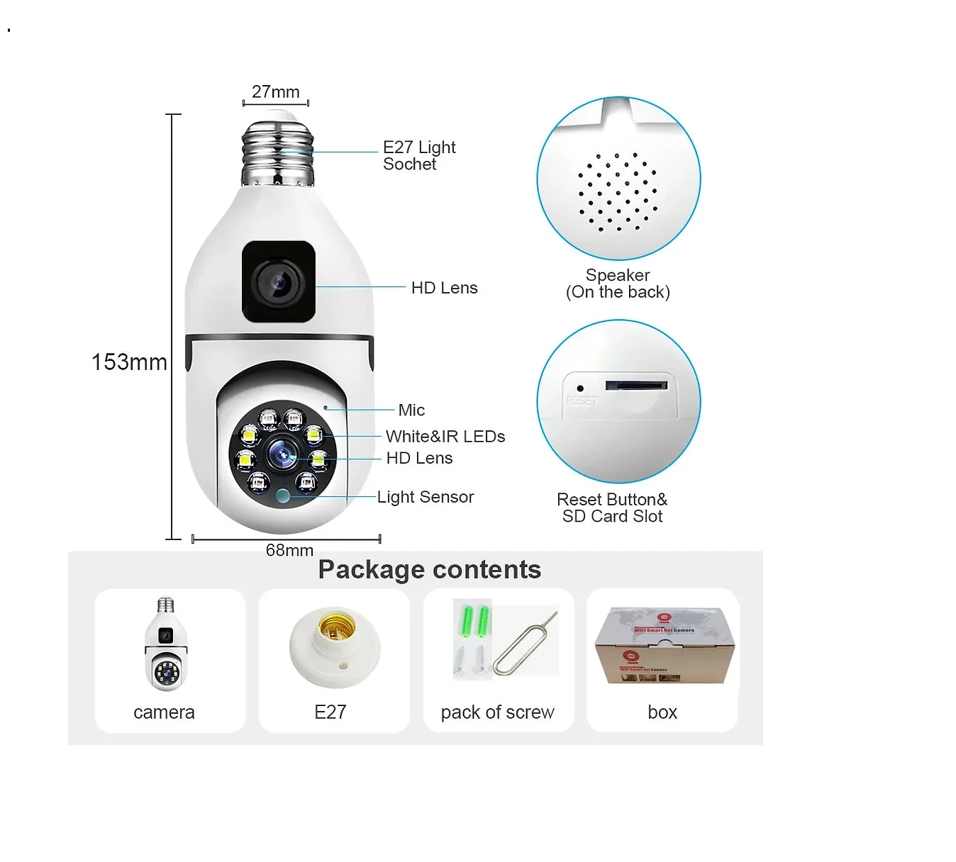 Dual Lens Dual Screen Bulb WiFi Wireless 2MP+2MP 4MP HD 1080P Live View PTZ Control, Two Way Talk,Day & Night Color Vision, AI Ai Human Detection Indoor Camera