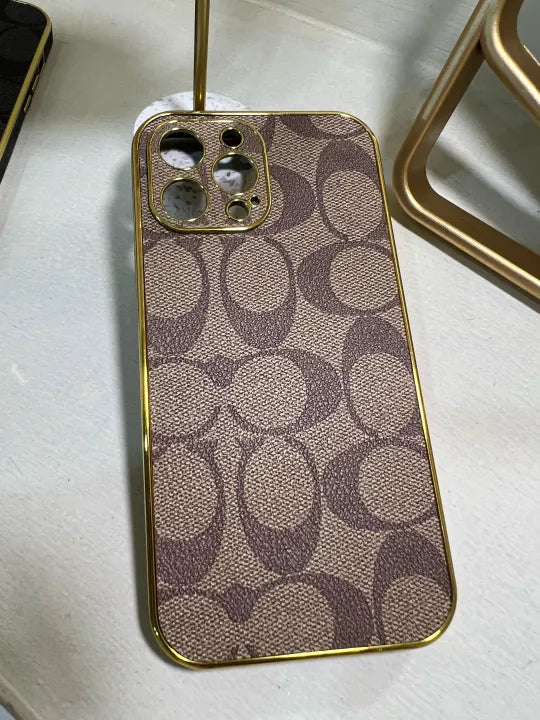 Leather Back Edge with Plate Gold Rim Classic Pattern Bling Glitter Nameplate Camera Protection Cover, Shockproof Protective, Khaki