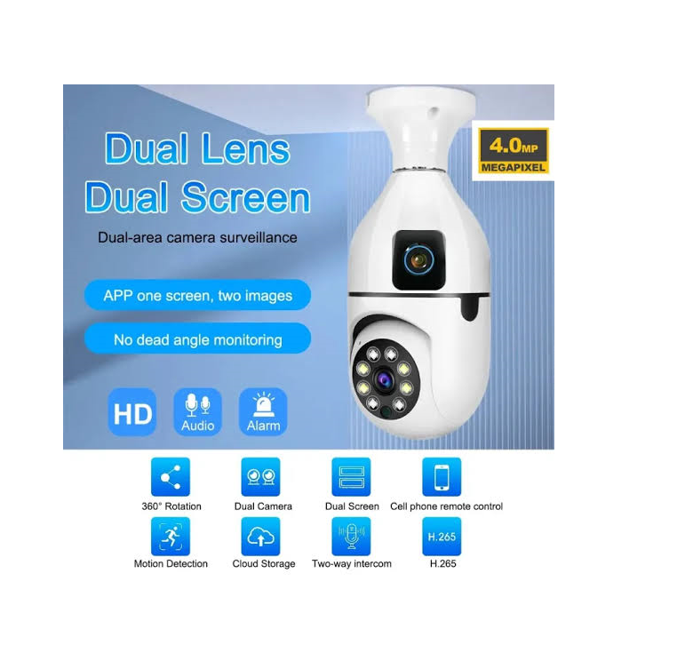 Dual Lens Dual Screen Bulb WiFi Wireless 2MP+2MP= 4MP HD 1080P Live View PTZ Control, Two Way Talk,Day & Night Color Vision, AI Human Detection Indoor Camera
