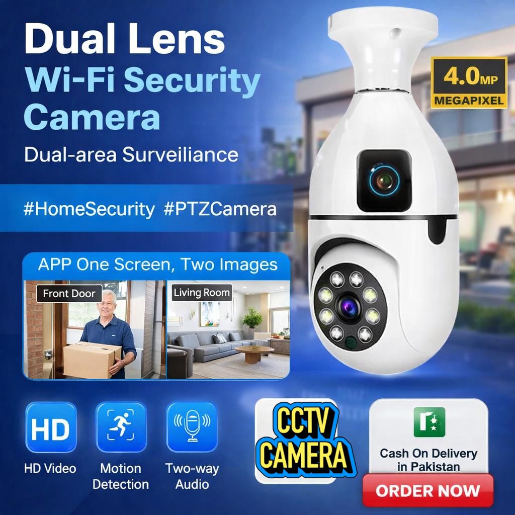 Dual Lens Dual Screen Bulb WiFi Wireless 2MP+2MP 4MP HD 1080P Live View PTZ Control, Two Way Talk,Day & Night Color Vision, AI Ai Human Detection Indoor Camera