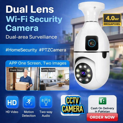 Dual Lens Dual Screen Bulb WiFi Wireless 2MP+2MP 4MP HD 1080P Live View PTZ Control, Two Way Talk,Day & Night Color Vision, AI Ai Human Detection Indoor Camera