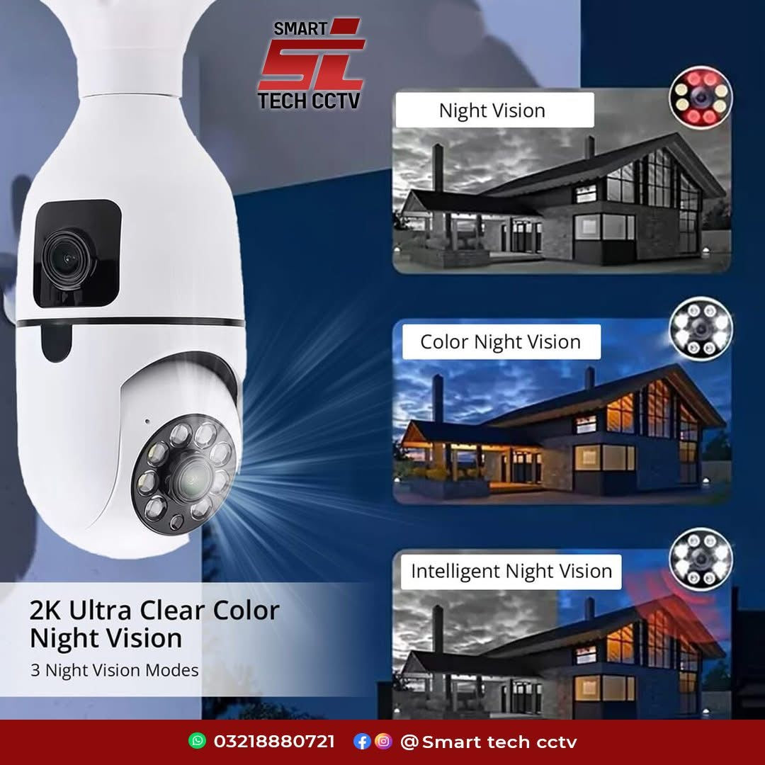 Dual Lens Dual Screen Bulb WiFi Wireless 2MP+2MP 4MP HD 1080P Live View PTZ Control, Two Way Talk,Day & Night Color Vision, AI Ai Human Detection Indoor Camera