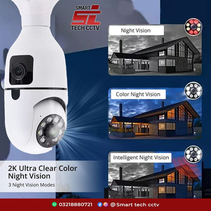 Dual Lens Dual Screen Bulb WiFi Wireless 2MP+2MP 4MP HD 1080P Live View PTZ Control, Two Way Talk,Day & Night Color Vision, AI Ai Human Detection Indoor Camera