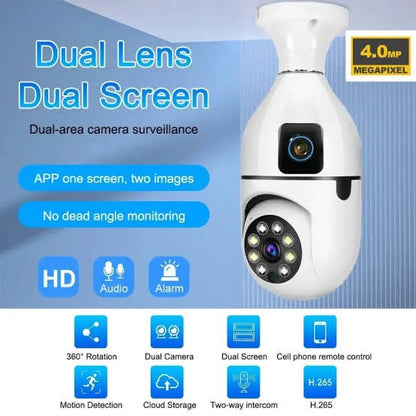 Dual Lens Dual Screen Bulb WiFi Wireless 2MP+2MP 4MP HD 1080P Live View PTZ Control, Two Way Talk,Day & Night Color Vision, AI Ai Human Detection Indoor Camera