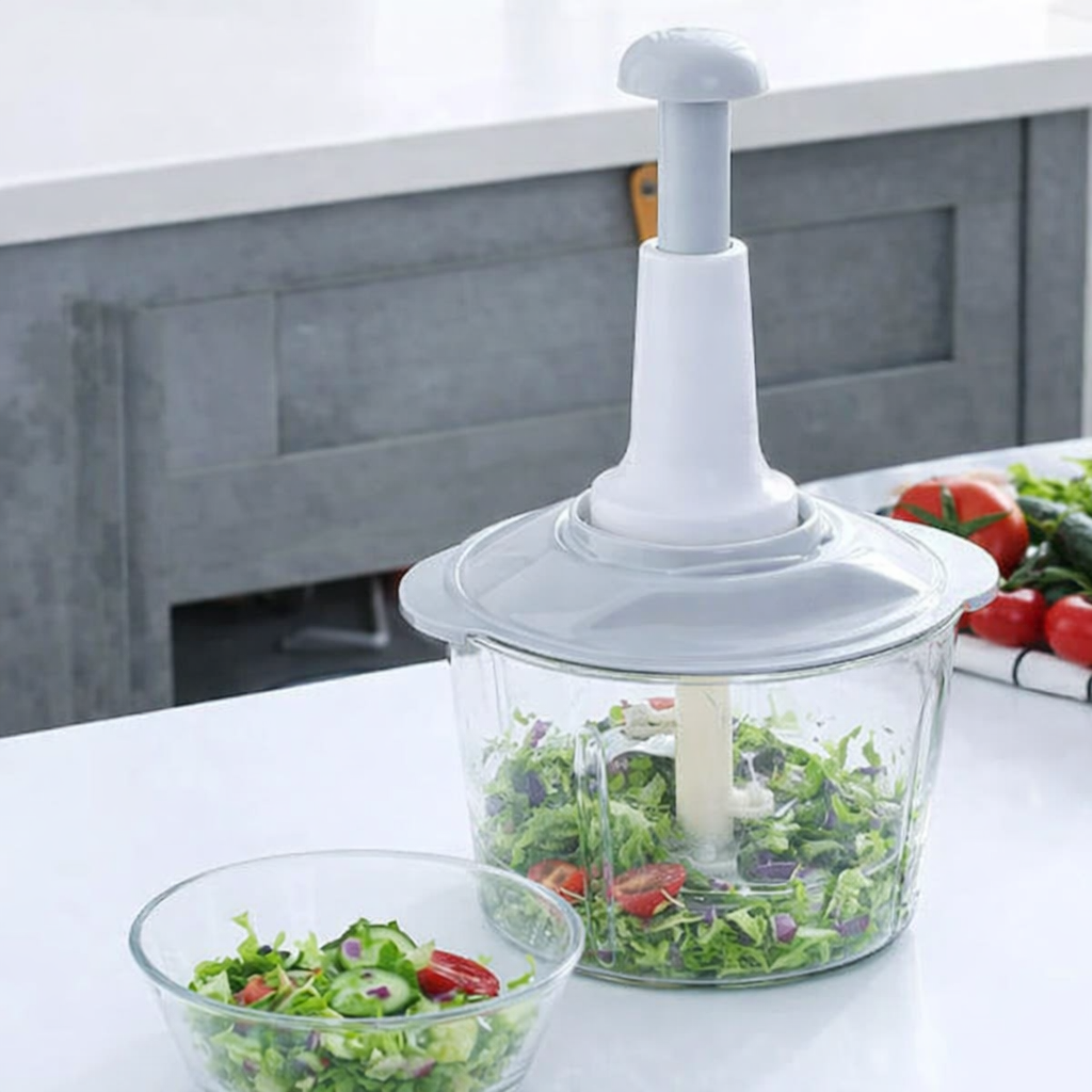 Multi-Function Hand Pushing Cooker Chopper 2 litter Full size with 4-Blades, Beater,Slicer Shredder & Grater