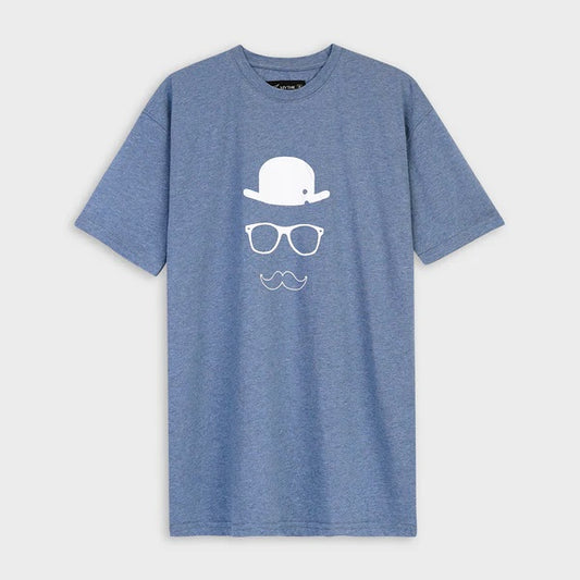 Mustache Printed Blue Relaxed Fit Drop Shoulder T-Shirt