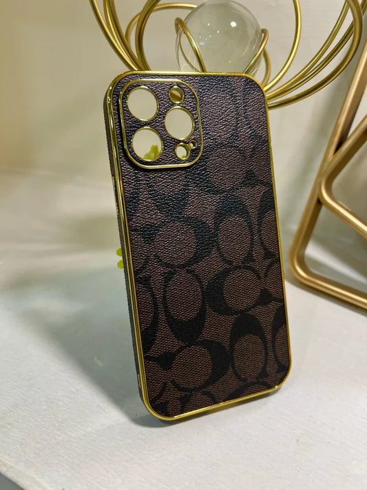 Luxury Brand Gold Plate Rim Classic Pattern Leather Back Bling Golden Metal Nameplate, Camera Protection Cover, Non Slip Shockproof Protector