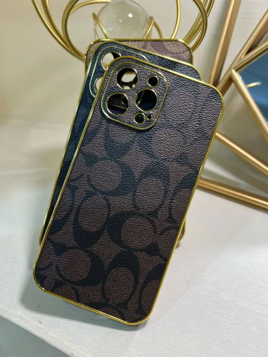 Luxury Brand Gold Plate Rim Classic Pattern Leather Back Bling Golden Metal Nameplate, Camera Protection Cover, Non Slip Shockproof Protector