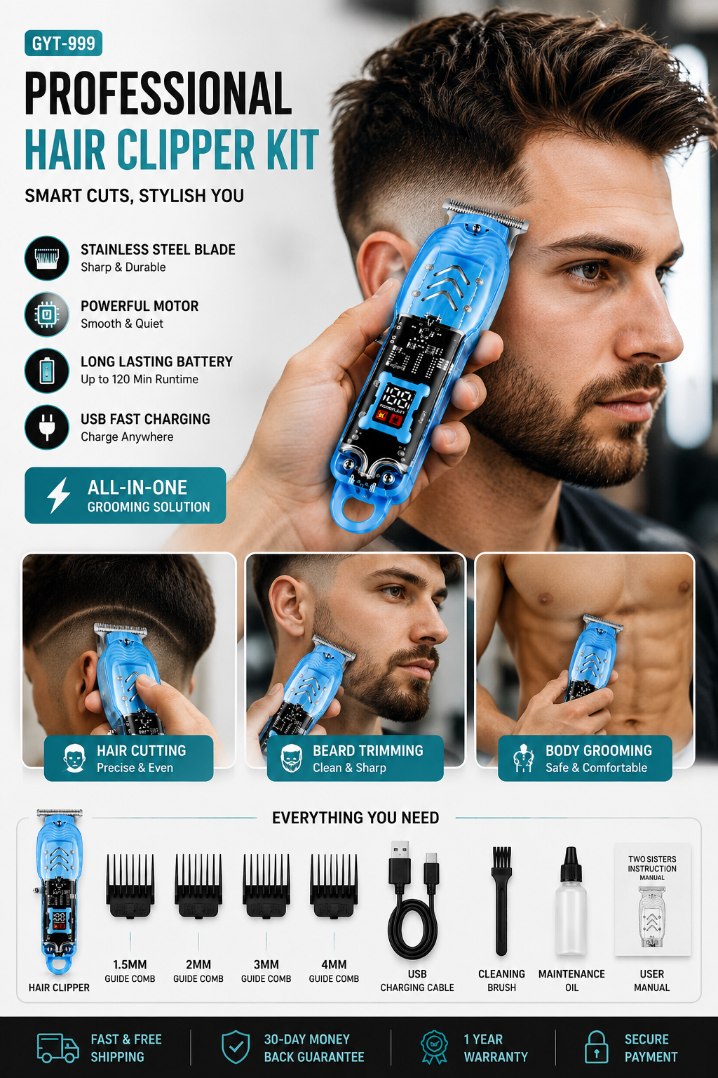 GYT-999 Professional Hair Clipper & Trimmer Kit