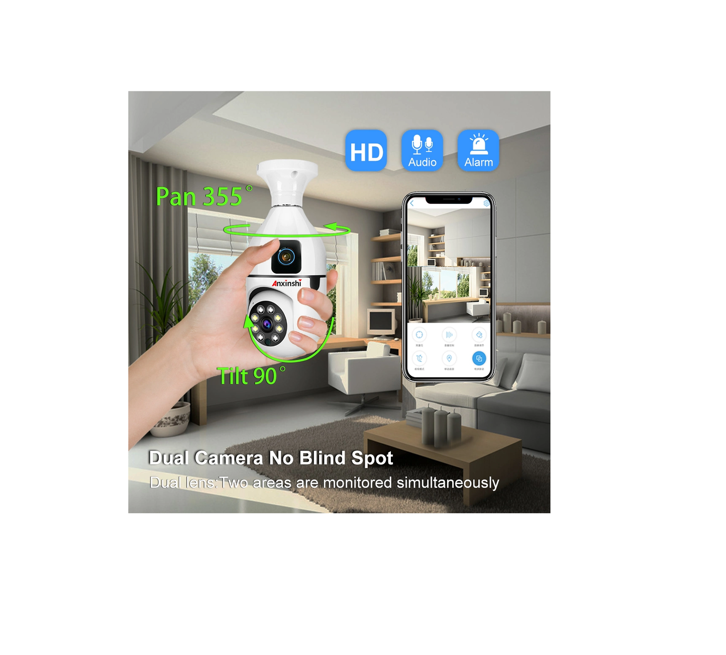 Dual Lens Dual Screen Bulb WiFi Wireless 2MP+2MP= 4MP HD 1080P Live View PTZ Control, Two Way Talk,Day & Night Color Vision, AI Human Detection Indoor Camera
