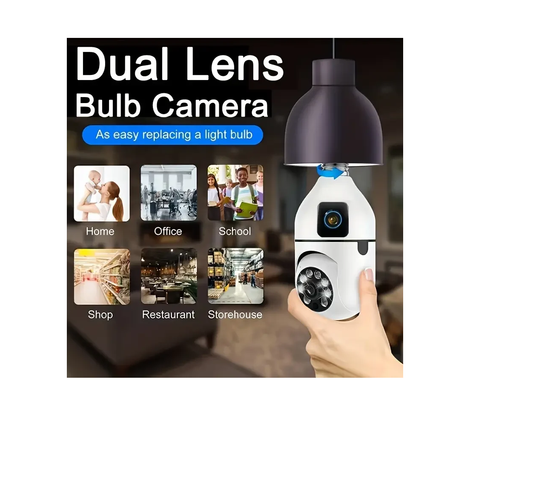 Dual Lens Dual Screen Bulb WiFi Wireless 2MP+2MP= 4MP HD 1080P Live View PTZ Control, Two Way Talk,Day & Night Color Vision, AI Human Detection Indoor Camera
