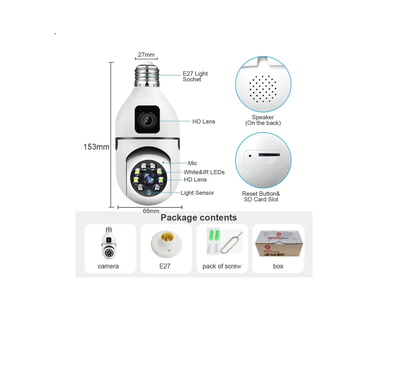 Dual Lens Dual Screen Bulb WiFi Wireless 2MP+2MP= 4MP HD 1080P Live View PTZ Control, Two Way Talk,Day & Night Color Vision, AI Human Detection Indoor Camera