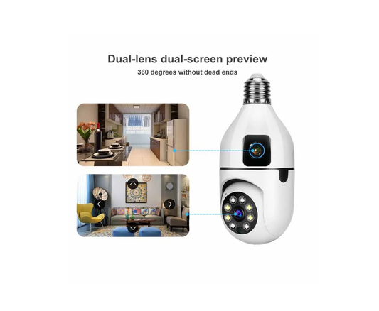 Dual Lens Dual Screen Bulb WiFi Wireless 2MP+2MP= 4MP HD 1080P Live View PTZ Control, Two Way Talk,Day & Night Color Vision, AI Human Detection Indoor Camera