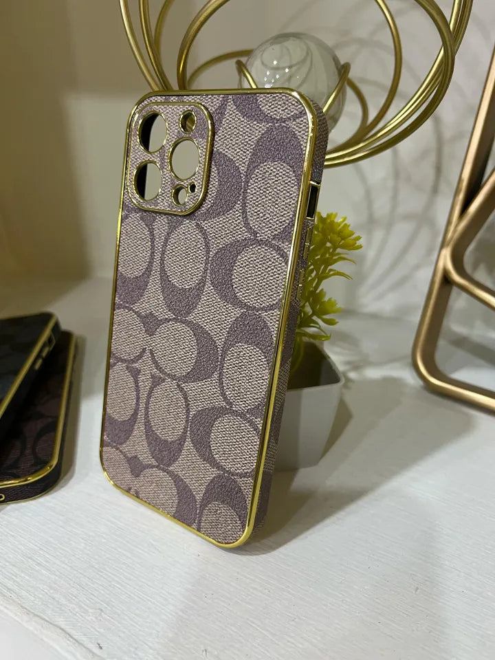 Leather Back Edge with Plate Gold Rim Classic Pattern Bling Glitter Nameplate Camera Protection Cover, Shockproof Protective, Khaki