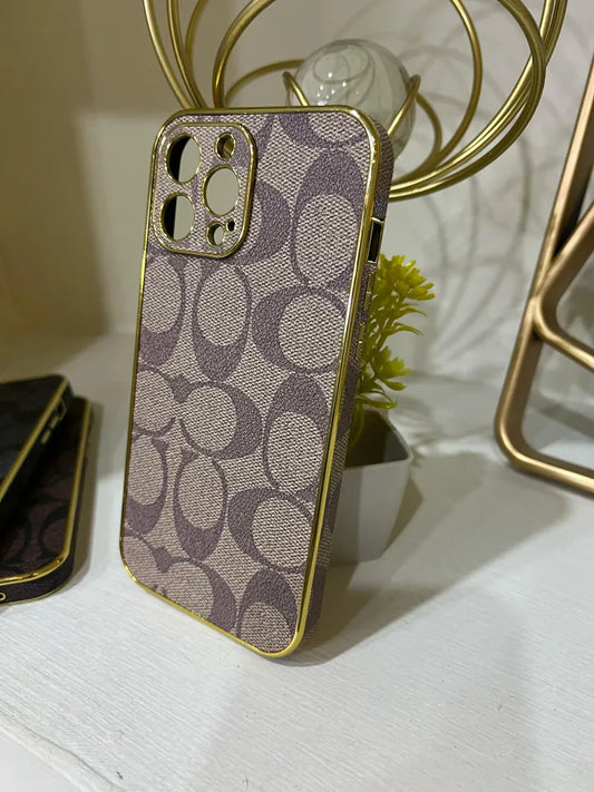 Leather Back Edge with Plate Gold Rim Classic Pattern Bling Glitter Nameplate Camera Protection Cover, Shockproof Protective, Khaki